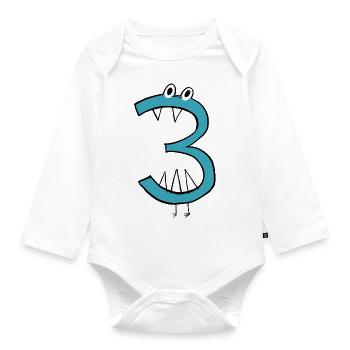 cool number for the 3rd birthday for all monster fans - Organic Longsleeve Baby Bodysuit - white - Front