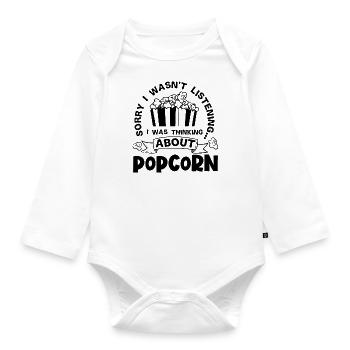 Lustiges Zitat „Denken über Popcorn“ - Baby Bio-Langarm-Body - Weiß - Vorne