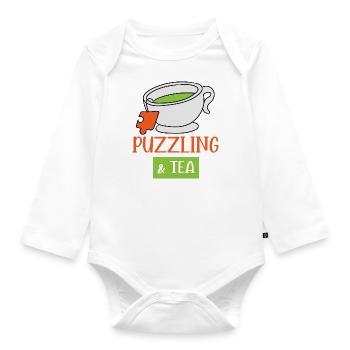 Puzzling and Tea Funny Hobby Jigsaw Puzzle - Organic Longsleeve Baby Bodysuit - white - Front