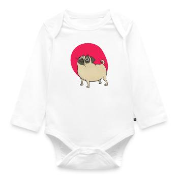 Funny pug embarrassed with red background - Organic Longsleeve Baby Bodysuit - white - Front