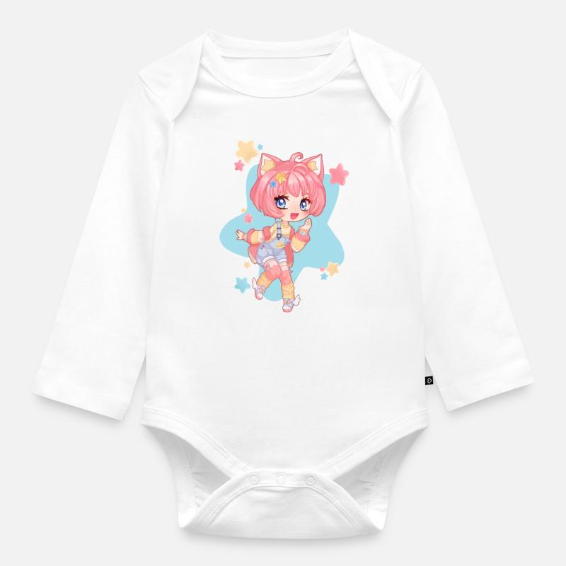 Fille chibi kawaii oreilles de chat - Body Bébé bio manches longues - blanc