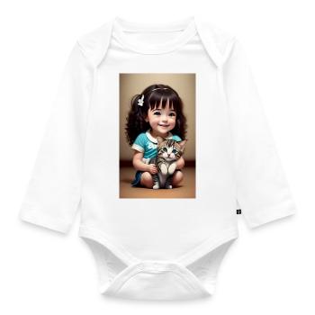 fille joyeuse avec chaton - Body Bébé bio manches longues - blanc - Devant