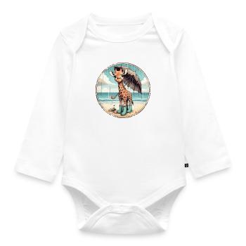 Giraffe on the beach in rubber boots with umbrella - Organic Longsleeve Baby Bodysuit - white - Front