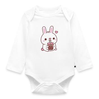 Cute White Bunny Rabbit Loves Bubble Tea - Organic Longsleeve Baby Bodysuit - white - Front