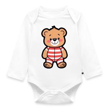Entzückender Teddybär im rot-weiß gestreiften Pyjama - Baby Bio-Langarm-Body - Weiß - Vorne