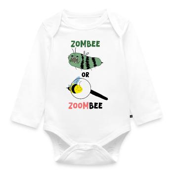 Zombee vs. Zoombee – Zombie Bee & Magnified Bee - Organic Longsleeve Baby Bodysuit - white - Front
