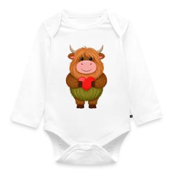 Highland Cow Holding Red Heart – Kawaii Design - Organic Longsleeve Baby Bodysuit - white - Front