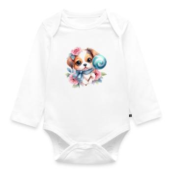 Niedlicher baby Hund mit Blumen und einem Lolli - Baby Bio-Langarm-Body - Weiß - Vorne