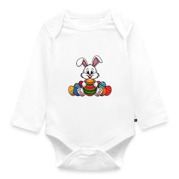 Funny Easter bunny with lots of colorful Easter eggs - Organic Longsleeve Baby Bodysuit - white - Front