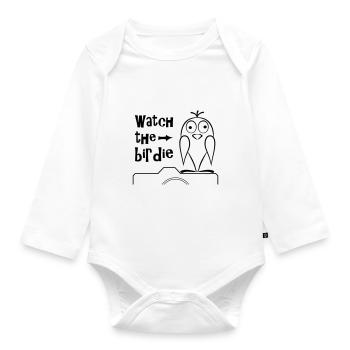 Bird on camera watch the birdy logo - Organic Longsleeve Baby Bodysuit - white - Front