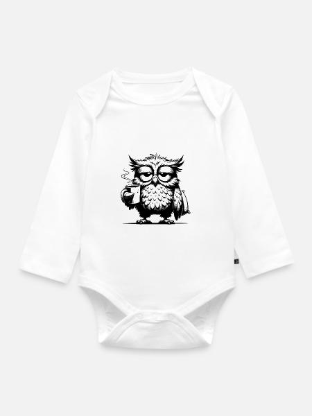 Funny Tired Comic Owl with Coffee Deficit - Organic Longsleeve Baby Bodysuit - white