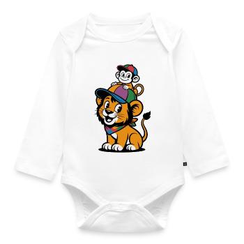 Cute Lion and Monkey – Best Friends - Organic Longsleeve Baby Bodysuit - white - Front