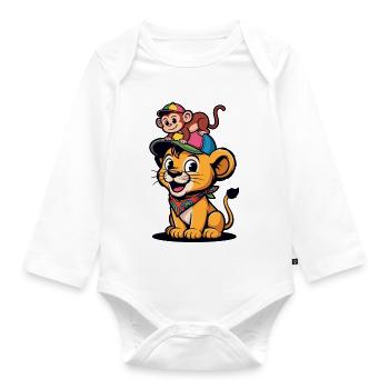 Cute Lion and Monkey – Best Friends - Organic Longsleeve Baby Bodysuit - white - Front