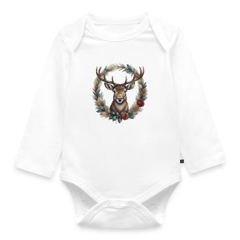 Hirsch mit Geweih in weihnachtlichem Kranz - Baby Bio-Langarm-Body - Weiß - Vorne