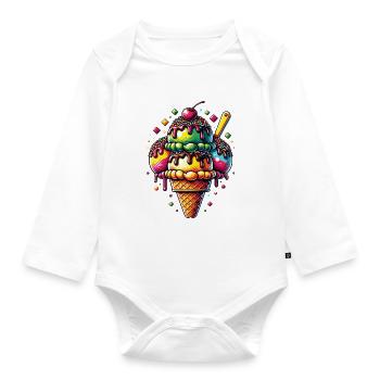 Grand cornet de crème glacée coloré et décoré - Body Bébé bio manches longues - blanc - Devant