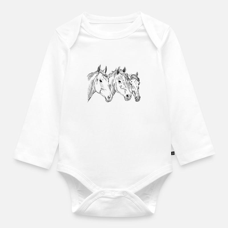 Têtes de chevaux dessinés à la main, illustration, cavalier - Body Bébé bio manches longues - blanc
