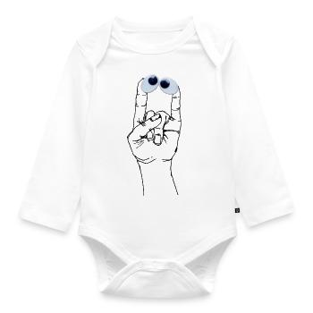 Mr Finger - the crazy squinting hand monster - Organic Longsleeve Baby Bodysuit - white - Front
