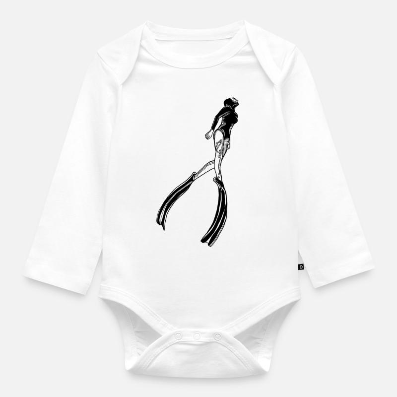 Femme plongeuse libre avec palmes - Body Bébé bio manches longues - blanc