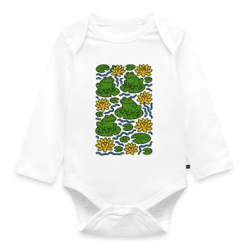 Lily Pad Frogs in Bloom Pattern - Organic Longsleeve Baby Bodysuit - white - Front