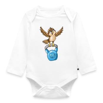 Vogel Spatz mit Kugelhantel Fitness Muskeltraining - Baby Bio-Langarm-Body - Weiß - Vorne