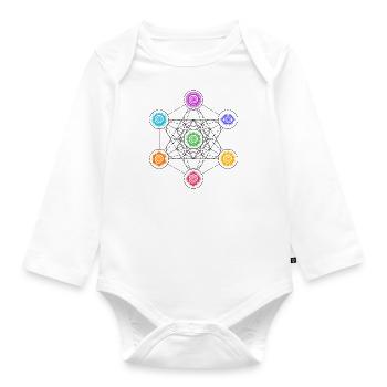 Metatrons Würfel, Cube, Chakras, Yoga Symbol - Baby Bio-Langarm-Body - Weiß - Vorne