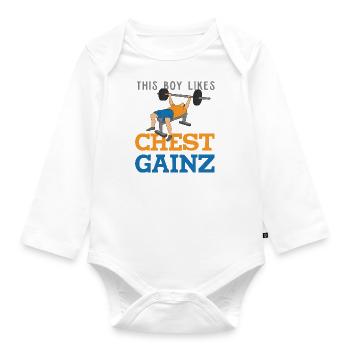 Boy Likes Chest Gainz Funny Gym Benchpress - Organic Longsleeve Baby Bodysuit - white - Front