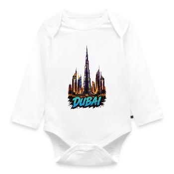 Dubai Skyline Neon-Effekt - Baby Bio-Langarm-Body - Weiß - Vorne