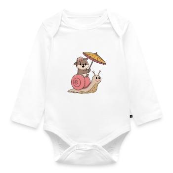Funny otter with parasol sitting on snail - Organic Longsleeve Baby Bodysuit - white - Front