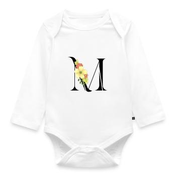 Eleganter Buchstabe 'M' mit Blumen - Baby Bio-Langarm-Body - Weiß - Vorne