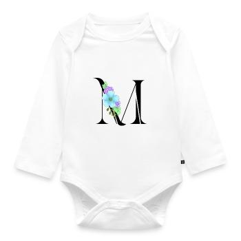 Eleganter Buchstabe 'M' mit Blumen - Baby Bio-Langarm-Body - Weiß - Vorne