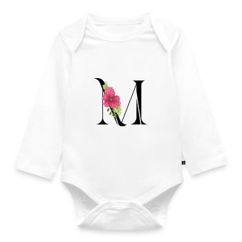 Eleganter Buchstabe 'M' mit Blumen - Baby Bio-Langarm-Body - Weiß - Vorne