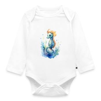 mignon hippocampe, bleu, vert, aquarelles - Body Bébé bio manches longues - blanc - Devant