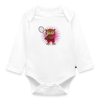 Süße Eule, Badmintonspieler, Waldtiersport - Baby Bio-Langarm-Body - Weiß - Vorne