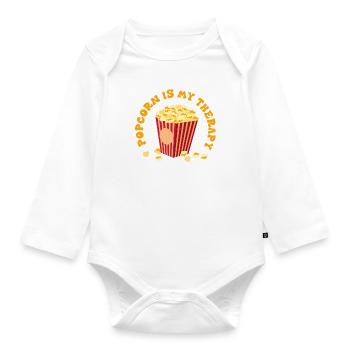 Popcorn als Therapie, lustiges Zitat, Maisfutter - Baby Bio-Langarm-Body - Weiß - Vorne