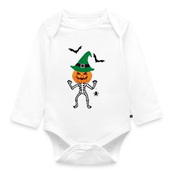 Halloween Skelett mit Kürbis, Fledermaus & Spinne - Baby Bio-Langarm-Body - Weiß - Vorne