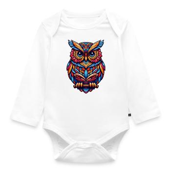 OWL EAGLE OWL BIRD OF PREY TAWNY OWL FEATHER RAINBOW COLORFUL - Organic Longsleeve Baby Bodysuit - white - Front
