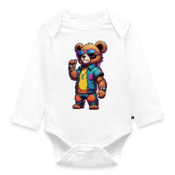 Retro Teddy - Baby Bio-Langarm-Body - Weiß - Vorne