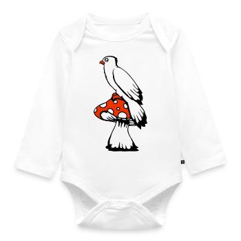 Bird sitting cute big mushroom dots toadstool - Organic Longsleeve Baby Bodysuit - white - Front