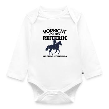 Vorsicht vor der Reiterin, das Pferd ist harmlos - Baby Bio-Langarm-Body - Weiß - Vorne