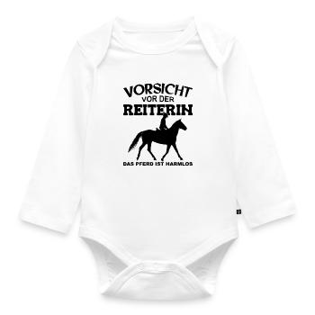 Vorsicht vor der Reiterin, das Pferd ist harmlos - Baby Bio-Langarm-Body - Weiß - Vorne