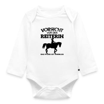 Vorsicht vor der Reiterin, das Pferd ist harmlos - Baby Bio-Langarm-Body - Weiß - Vorne