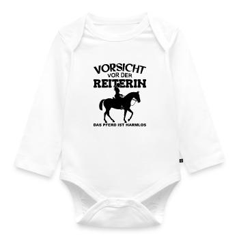 Vorsicht vor der Reiterin, das Pferd ist harmlos - Baby Bio-Langarm-Body - Weiß - Vorne