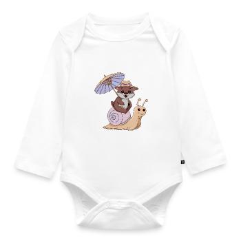 Funny otter with parasol sitting on snail - Organic Longsleeve Baby Bodysuit - white - Front