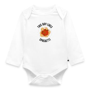 Junge mag Spaghetti Pasta Lustiges Sprichwort - Baby Bio-Langarm-Body - Weiß - Vorne