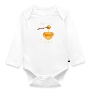 Honig essen Lustiges Sprichwort Mädchen mag Honig - Baby Bio-Langarm-Body - Weiß - Vorne