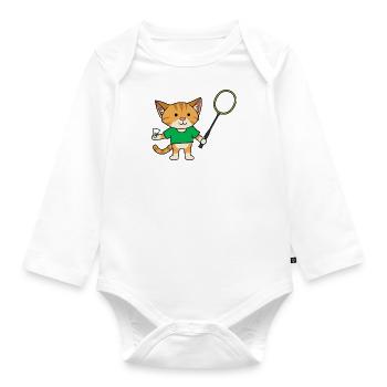 Cat Playing Badminton Ironic Sports Animal - Organic Longsleeve Baby Bodysuit - white - Front