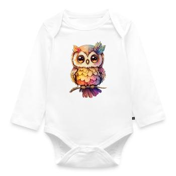 Hibou coloré Animal Oiseau Aigle Hibou Nuit Enfant Bébé Pyjamas - Body Bébé bio manches longues - blanc - Devant