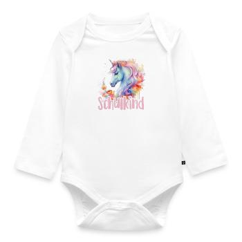 Einhorn Blumen Schulkind Einschulung 2023 - Baby Bio-Langarm-Body - Weiß - Vorne