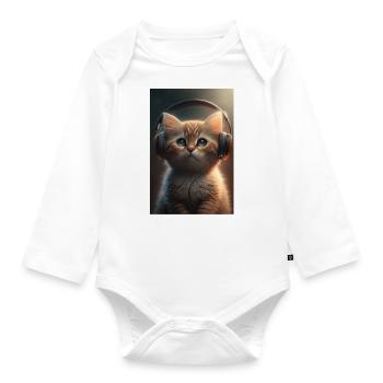 Cat with headphones - Organic Longsleeve Baby Bodysuit - white - Front
