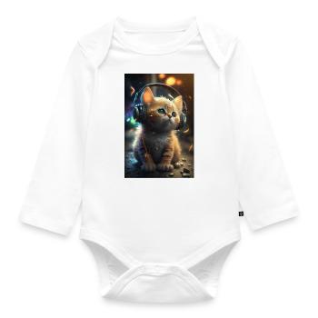 Cat with headphones - Organic Longsleeve Baby Bodysuit - white - Front